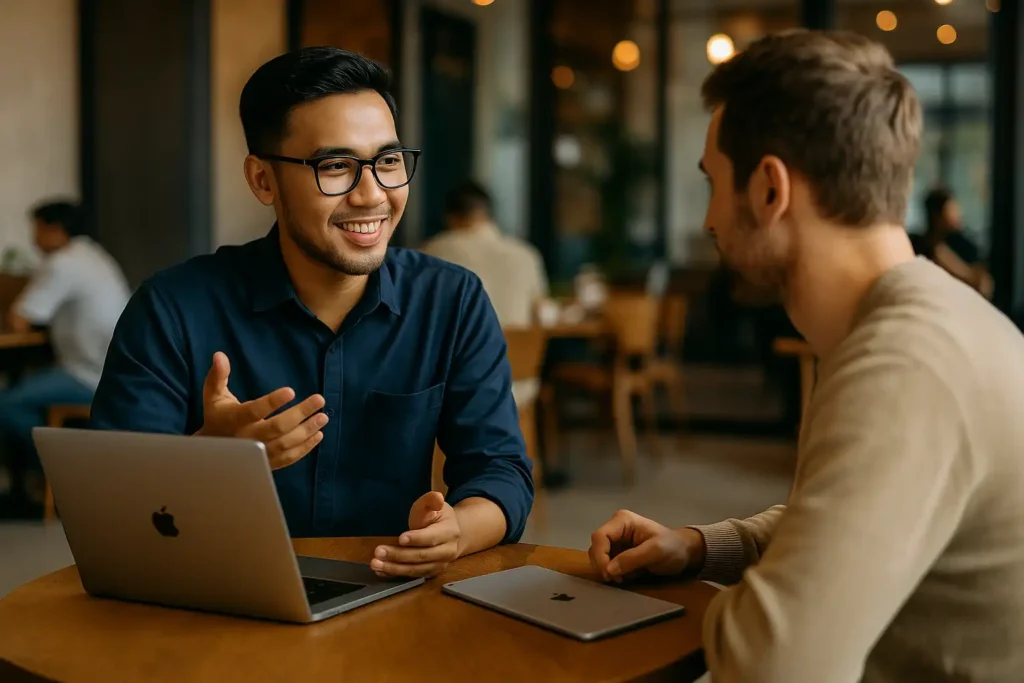 Diskusi antara creative consultant dan klien di kafe dengan MacBook dan iPad